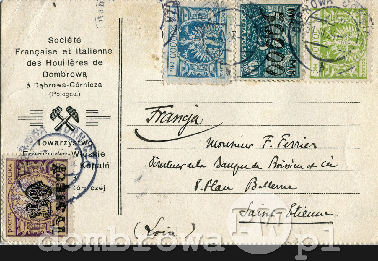 1924 r. Towarzystwo Francusko-Włoskie Dąbrowskich Kopalń Węgla (karta)