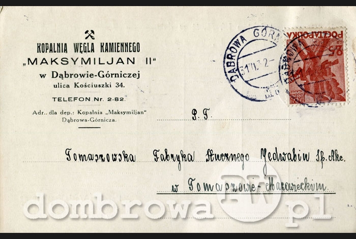 1932 r. Kopalnia Węgla Kamiennego Maksymiljan II w Dąbrowie Górniczej (karta)