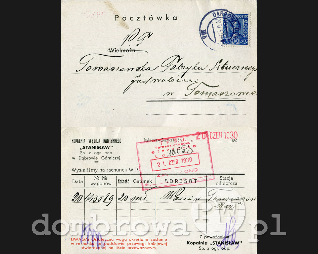 1930 r. Kopalnia Węgla Kamiennego Stanisław w Dąbrowie Górniczej (karta)