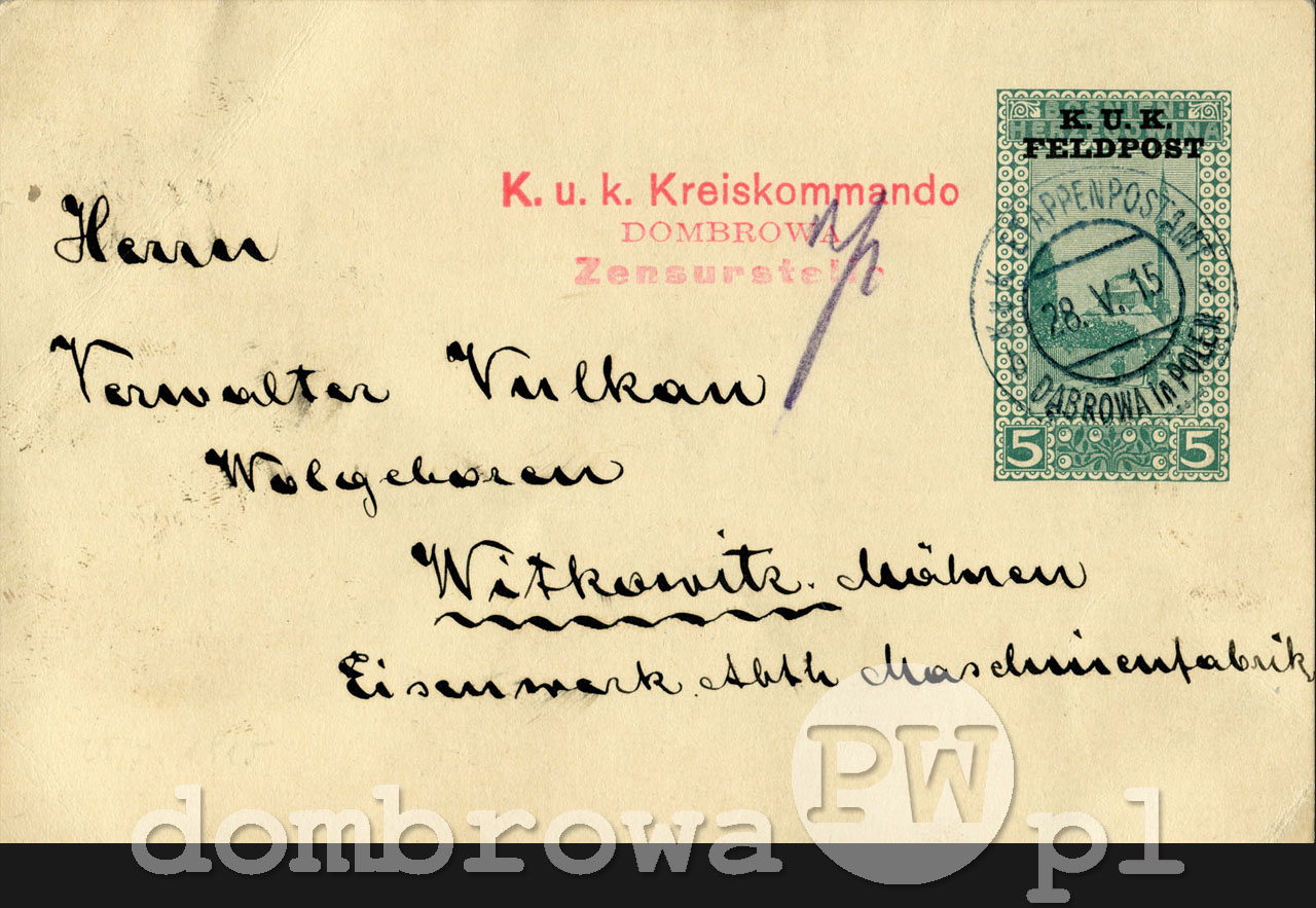 1915 r. 5 Haller Postkarte - K.u.k. Etappenpostamt Dąbrowa in Polen (karta)