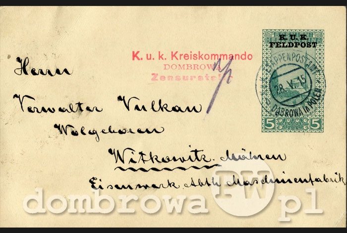 1915 r. 5 Haller Postkarte - K.u.k. Etappenpostamt Dąbrowa in Polen (karta)