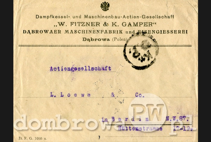 1920 r. W. Fitzner & K. Gamper Dąbrowaer Meschinenfabrik und Eisengiesserei (karta)