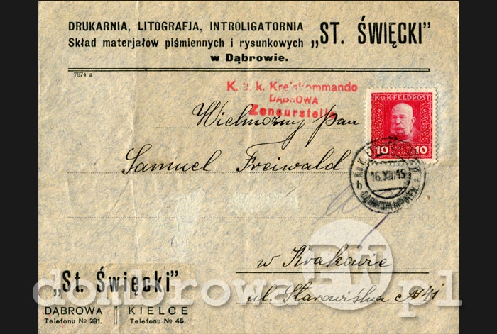 1915 r. DRUKARNIA "St. Święcki" w Dąbrowie (Koperta)