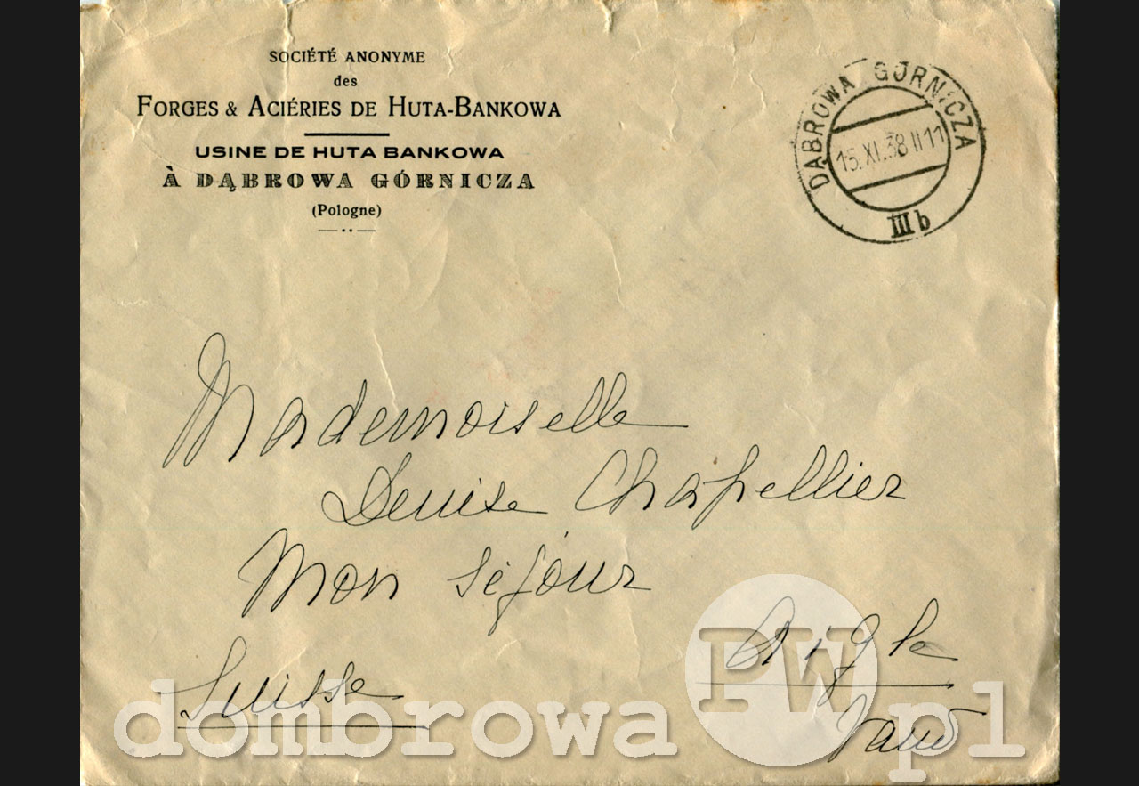 1938 r. Société Anonyme des Forges et Aciéries de Huta Bankowa Usine de Huta Bankowa à Dąbrowa Górnicza (Pologne) (koperta)