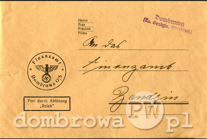 1940 r. Dombrowa O/S - Finanzamt (koperta)