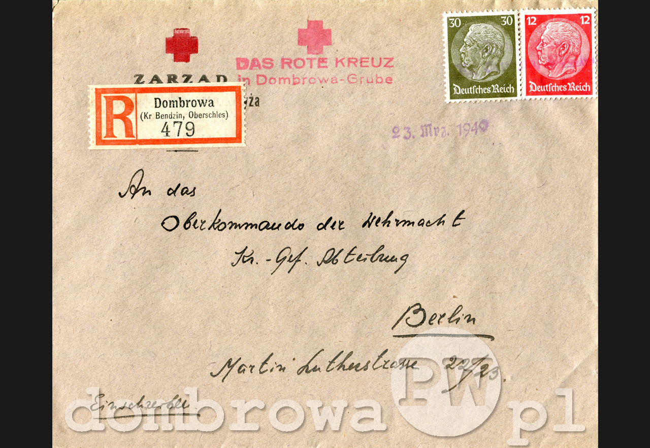 1940 r. Das Rote Kreuz in Dombrowa-Grube (koperta)