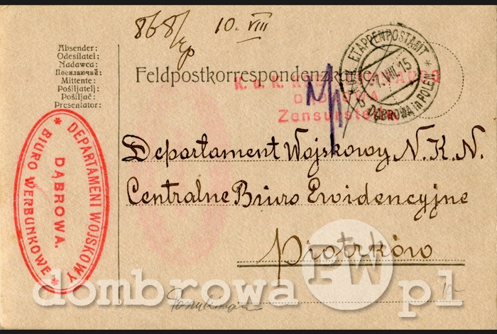 1915 r. Dąbrowa - Departament Wojskowy Biuro Werbunkowe (karta) (1)