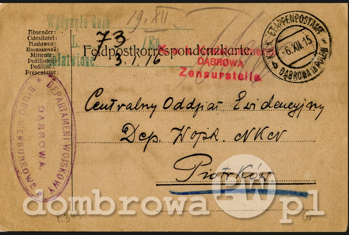 1915 r. Dąbrowa - Departament Wojskowy Biuro Werbunkowe (karta) (2)