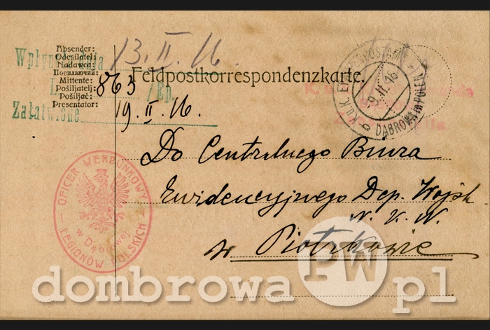 1916 r. Oficer Werbunkowy Legionów Polskich w Dąbrowie (karta)