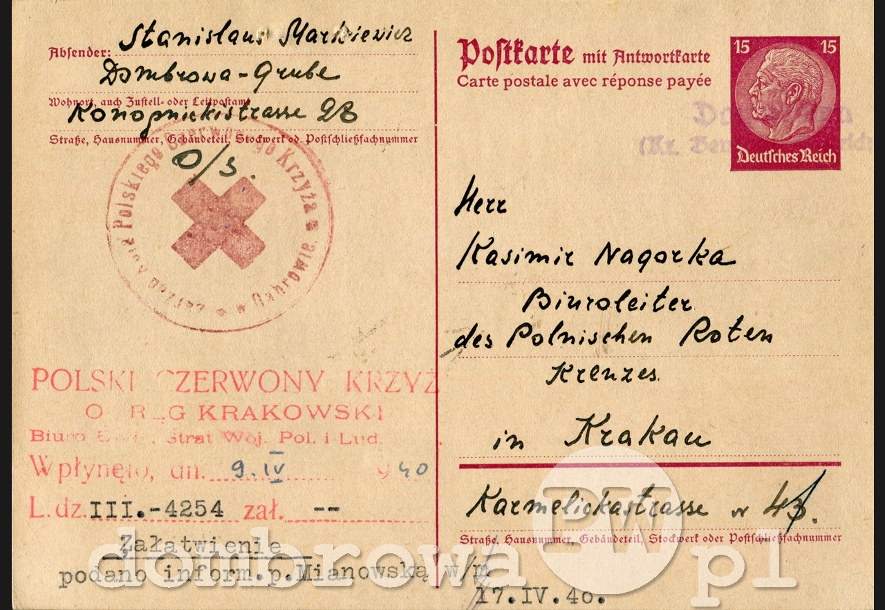1940 r. Polski Czerwony Krzyż w Dąbrowie (karta)