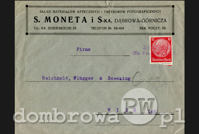 1940 r. S. Moneta i S-ka, Dąbrowa Górnicza (koperta)