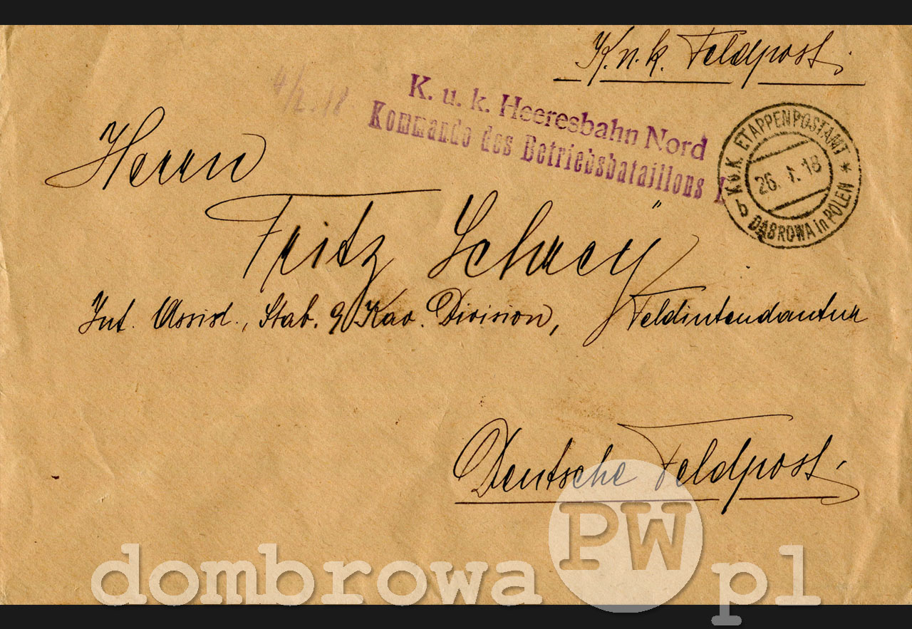 1918 r. K.u.K. Heeresbahn Nord, Kommando des Betriebsbataillons I. Strzemieszyce (koperta)